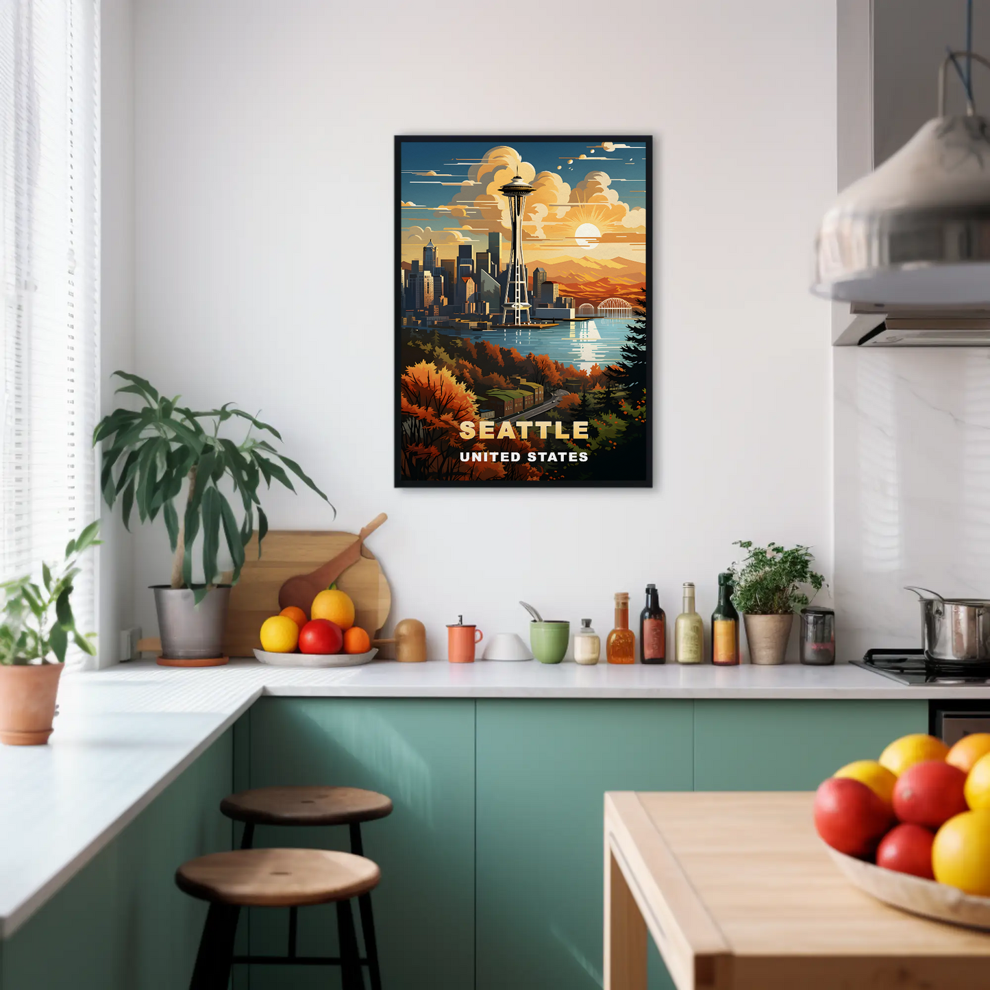 Seattle Space Needle Autumn Sunset Vintage Travel Poster