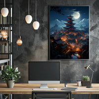 Moonlit Pagoda Village Poster