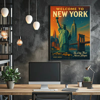 New York City Nightscape Urban Poster Vintage Wall Art