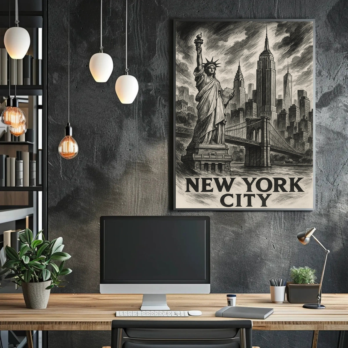 New York City Poster Vintage Sketch Landmarks Wall Art