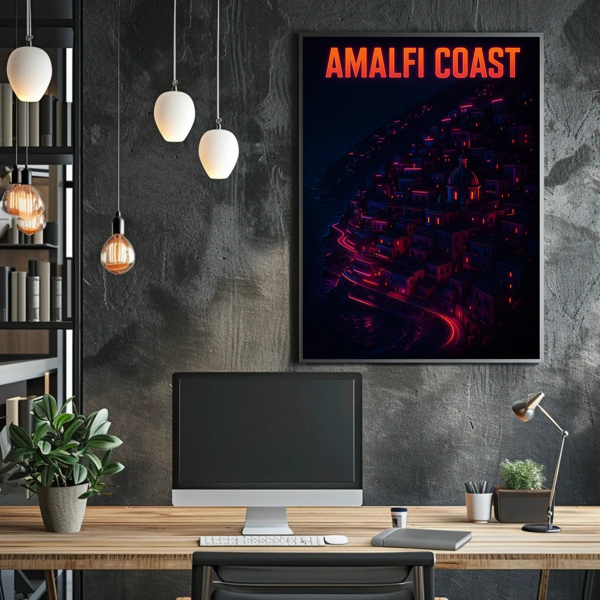 Amalfi Coast Neon Nightscape Poster Wall Art Decor Print