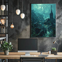 Mysterious Gothic Village Poster with Moonlit Atmosphere PosterGoat