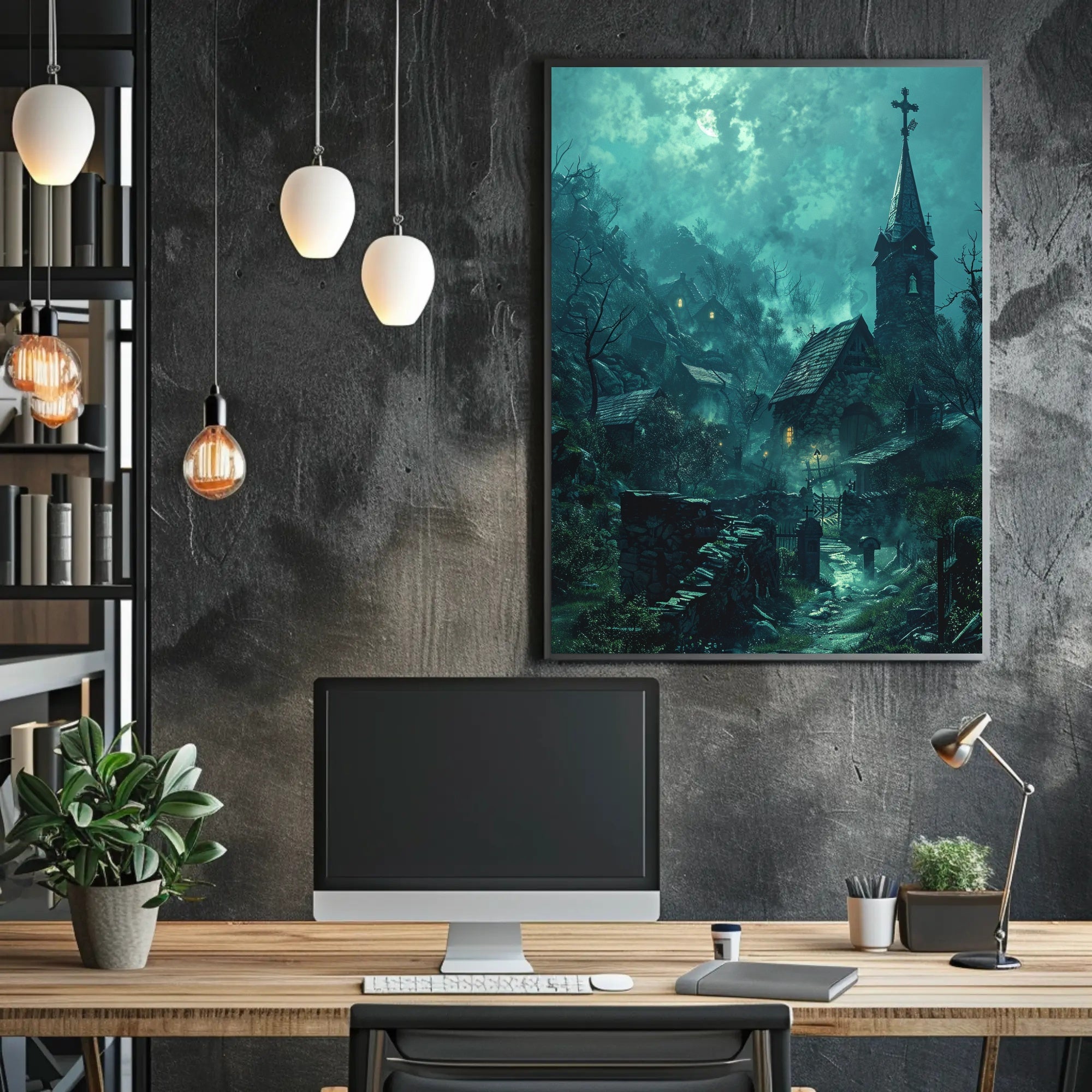 Mysterious Gothic Village Poster with Moonlit Atmosphere PosterGoat