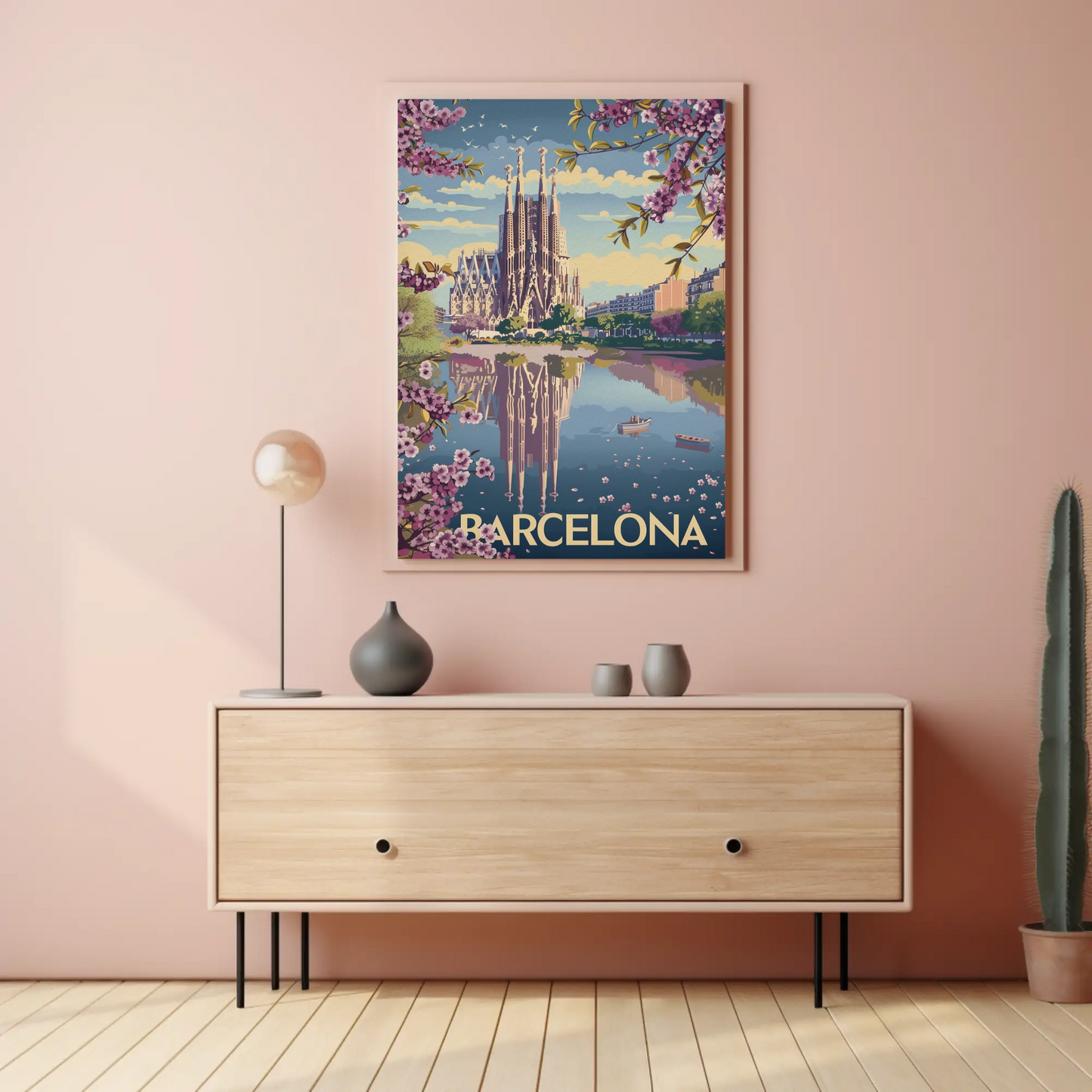 Barcelona Spain Blossoms and Cathedral Travel Poster
