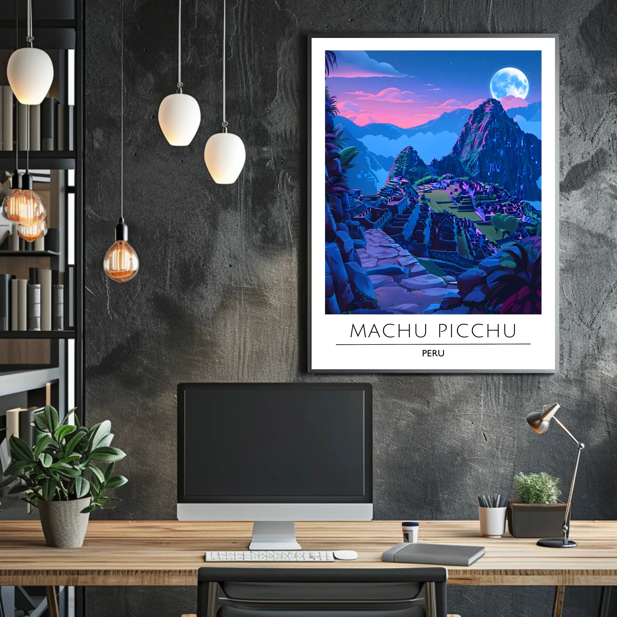 Machu Picchu Moonlit Dusk Vibrant Travel Poster