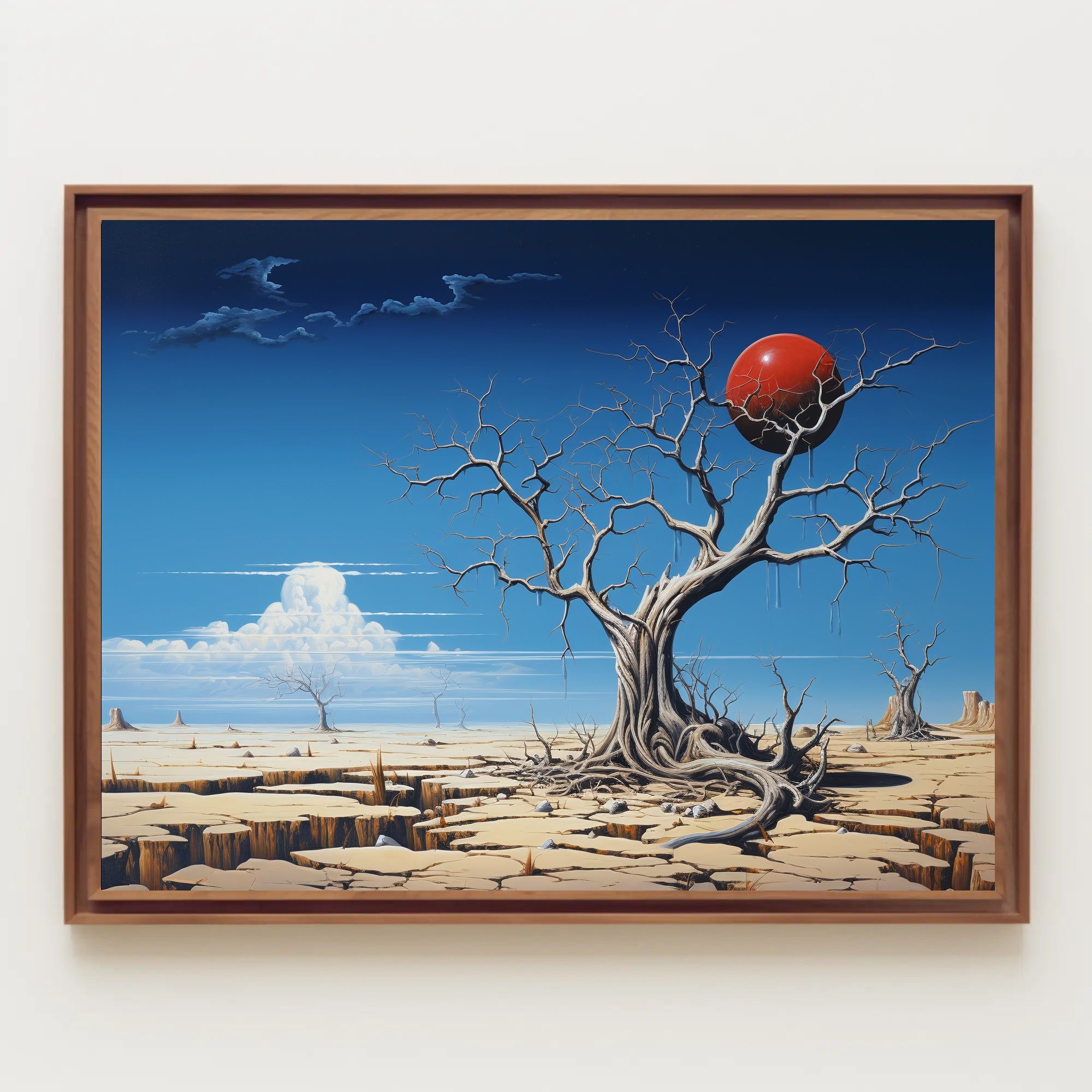 Surreal Desert Landscape with Red Sphere Artistic Poster