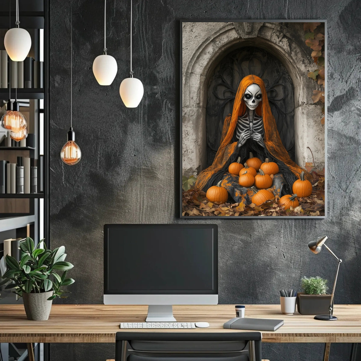 Skeleton Figure with Pumpkins Halloween Autumn Poster