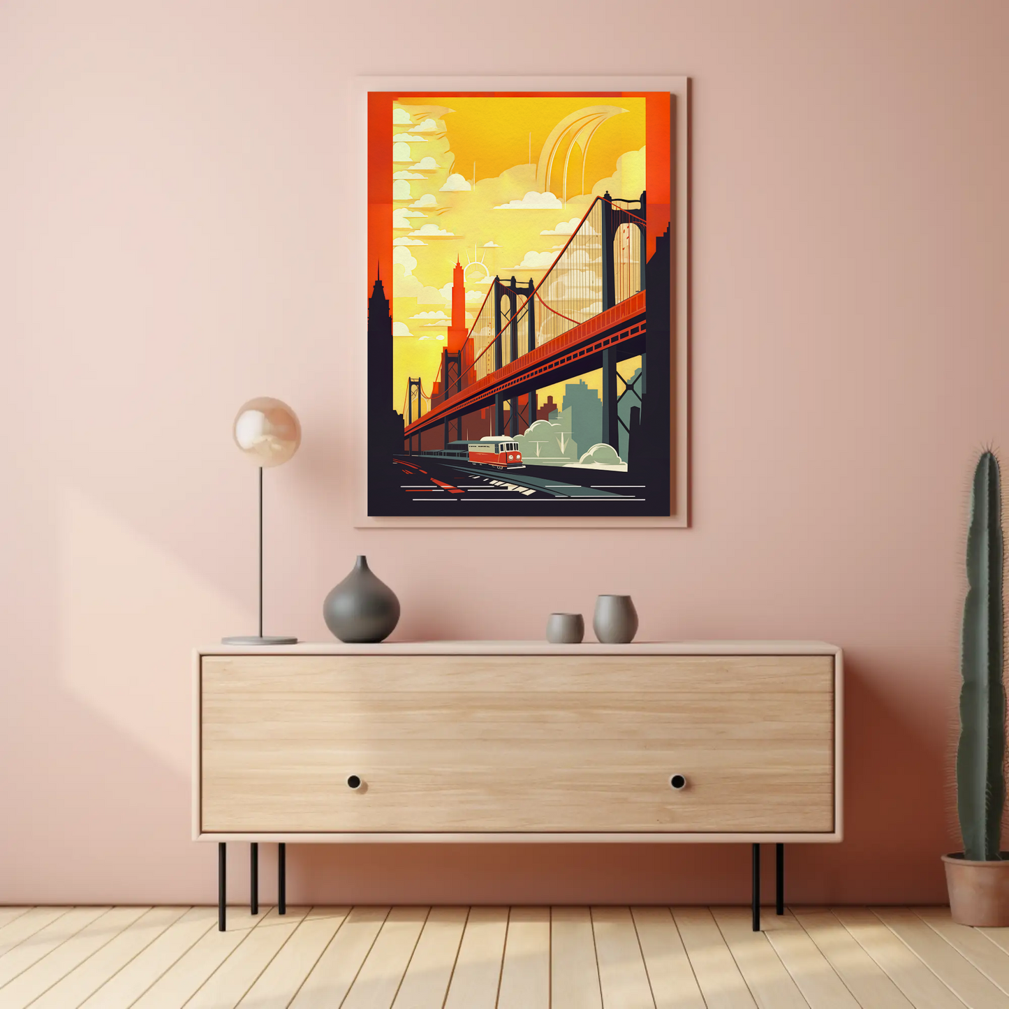 Golden Bridge City Transit Scene Travel Poster