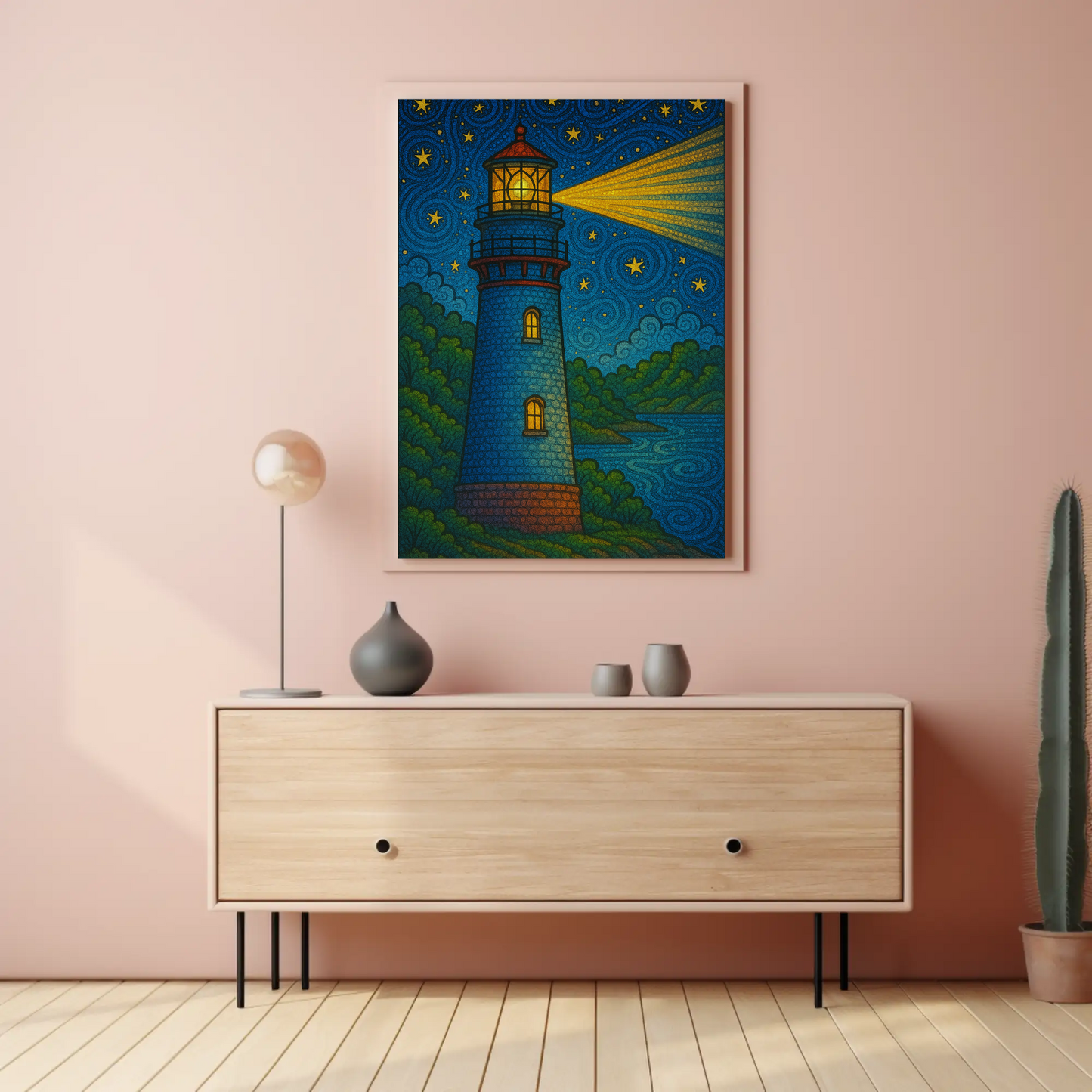 Lighthouse Night Stars Ocean Beacon Illustration Travel Poster