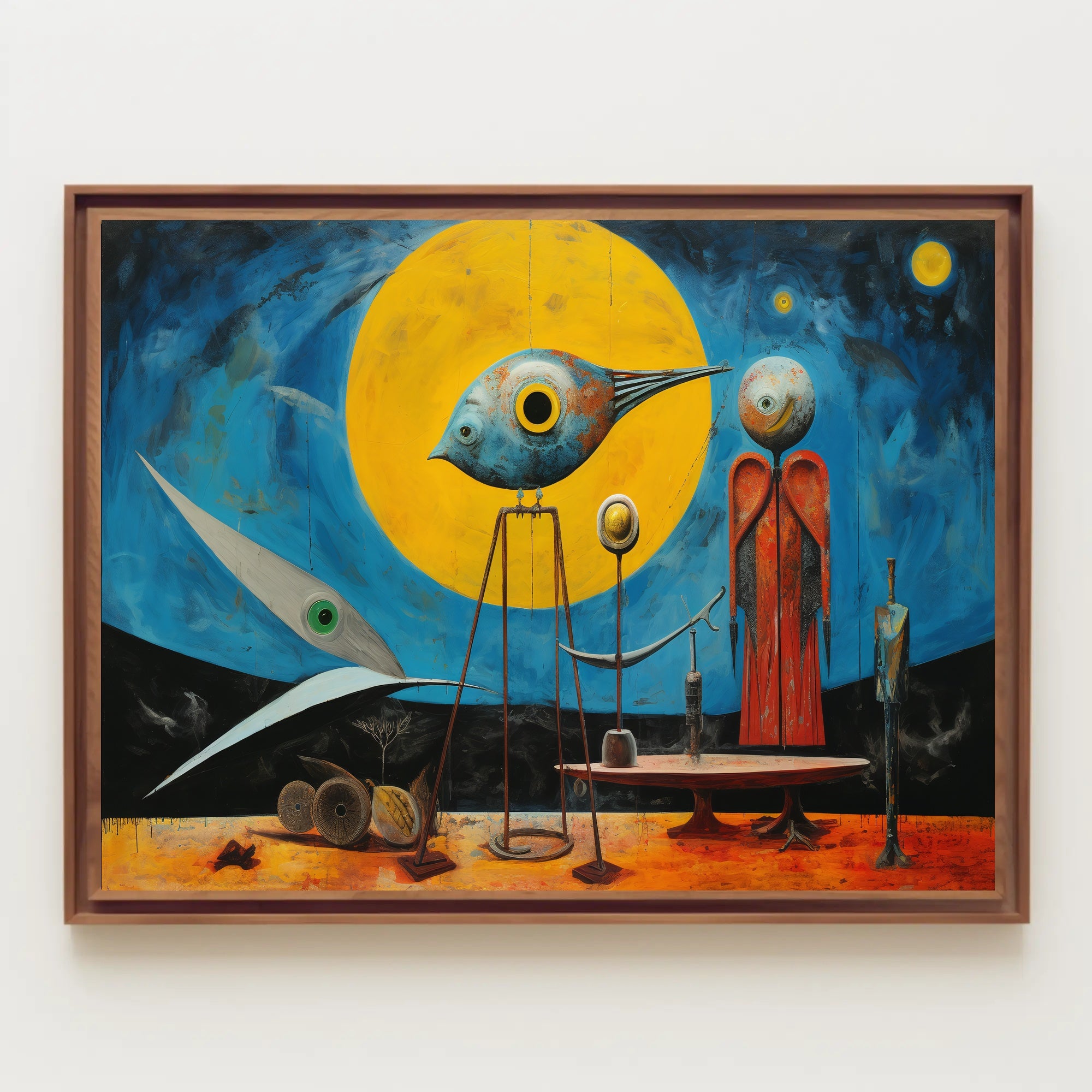 Surrealistic Abstract Art Poster with Bird and Humanoid Figures