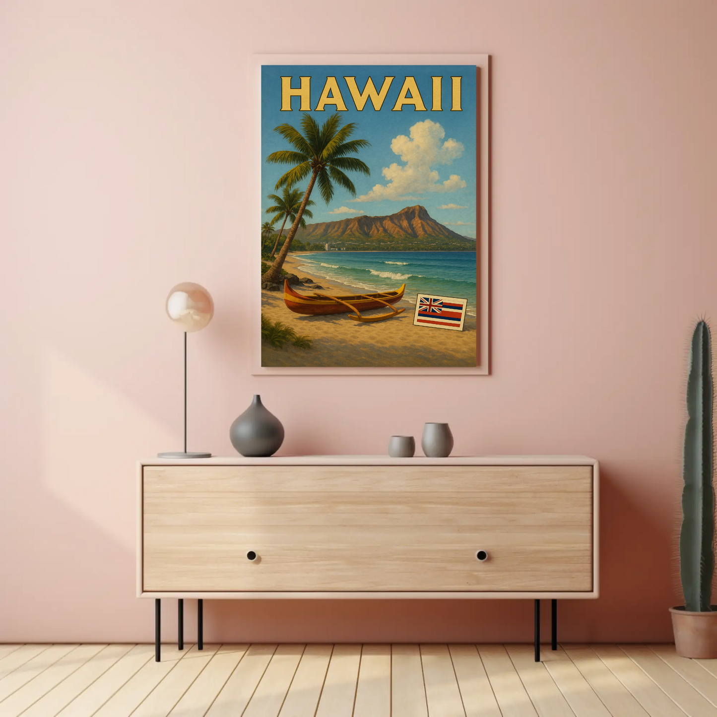 Hawaii Canoe Flag Diamond Head Ocean View Travel Poster