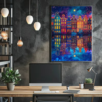 Colorful Dutch Canal Houses Under Starry Night Sky