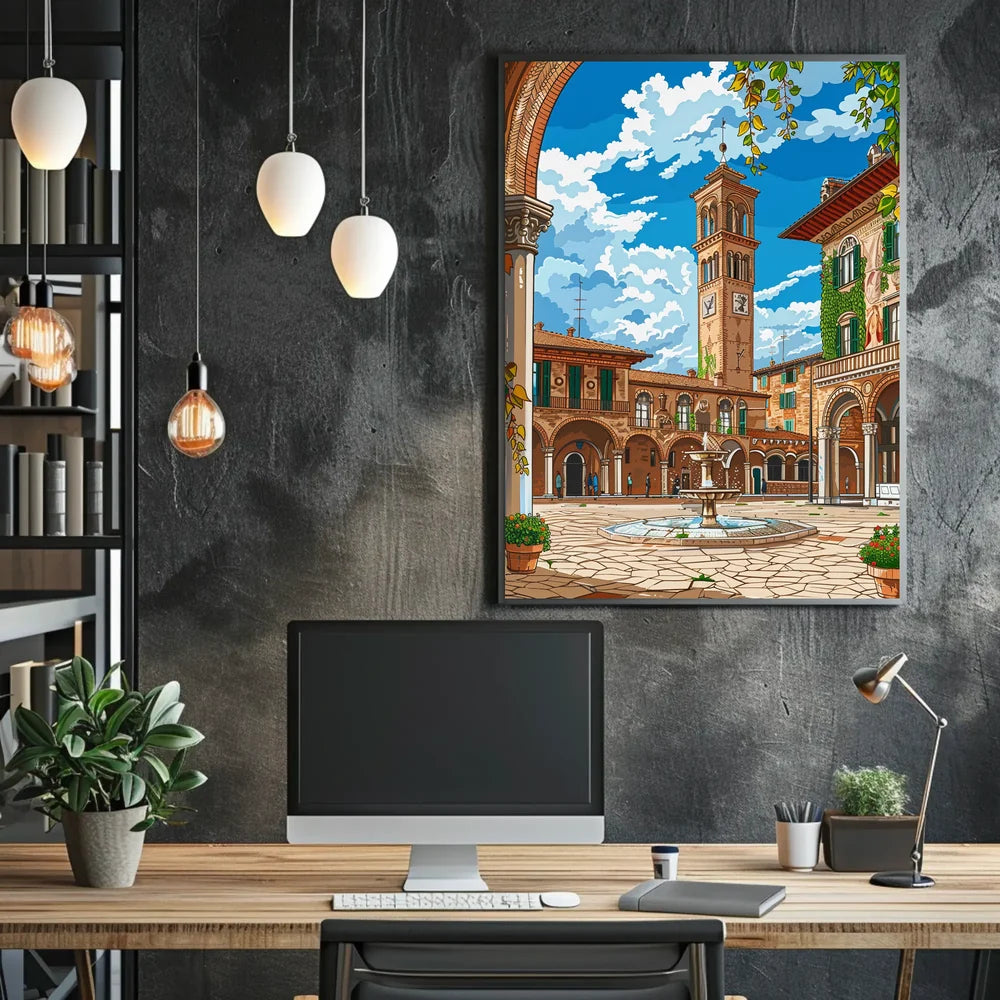 Charming Italian Piazza with Clock Tower Poster