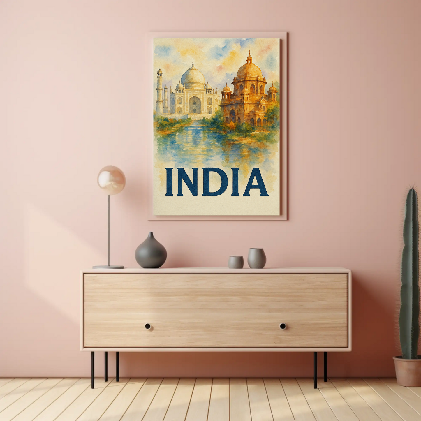 India Taj Mahal Watercolor Palace Reflection Travel Poster
