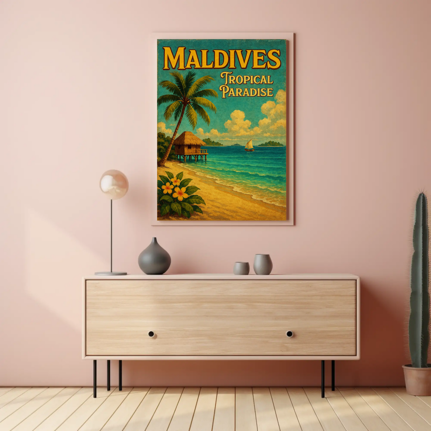 Maldives Tropical Hut With Sailboat Scene Travel Poster