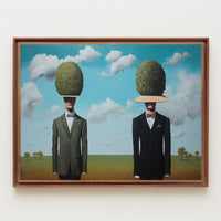 Surreal Suited Figures Artistic Poster Under Blue Sky