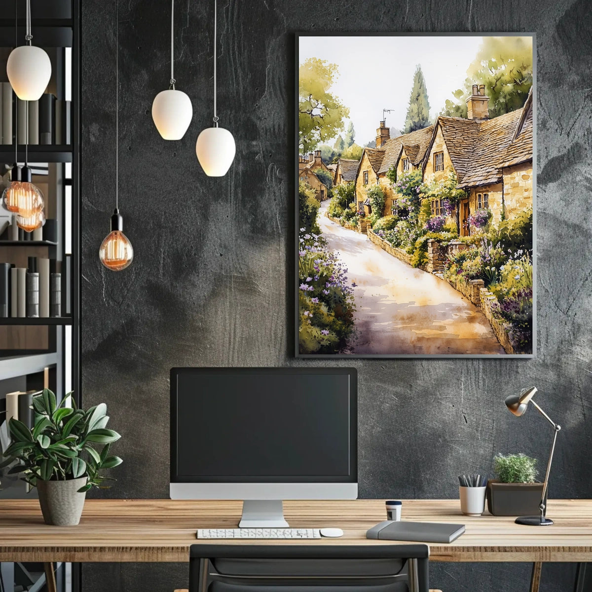 UK Cotswolds Village Street Watercolor Print Poster
