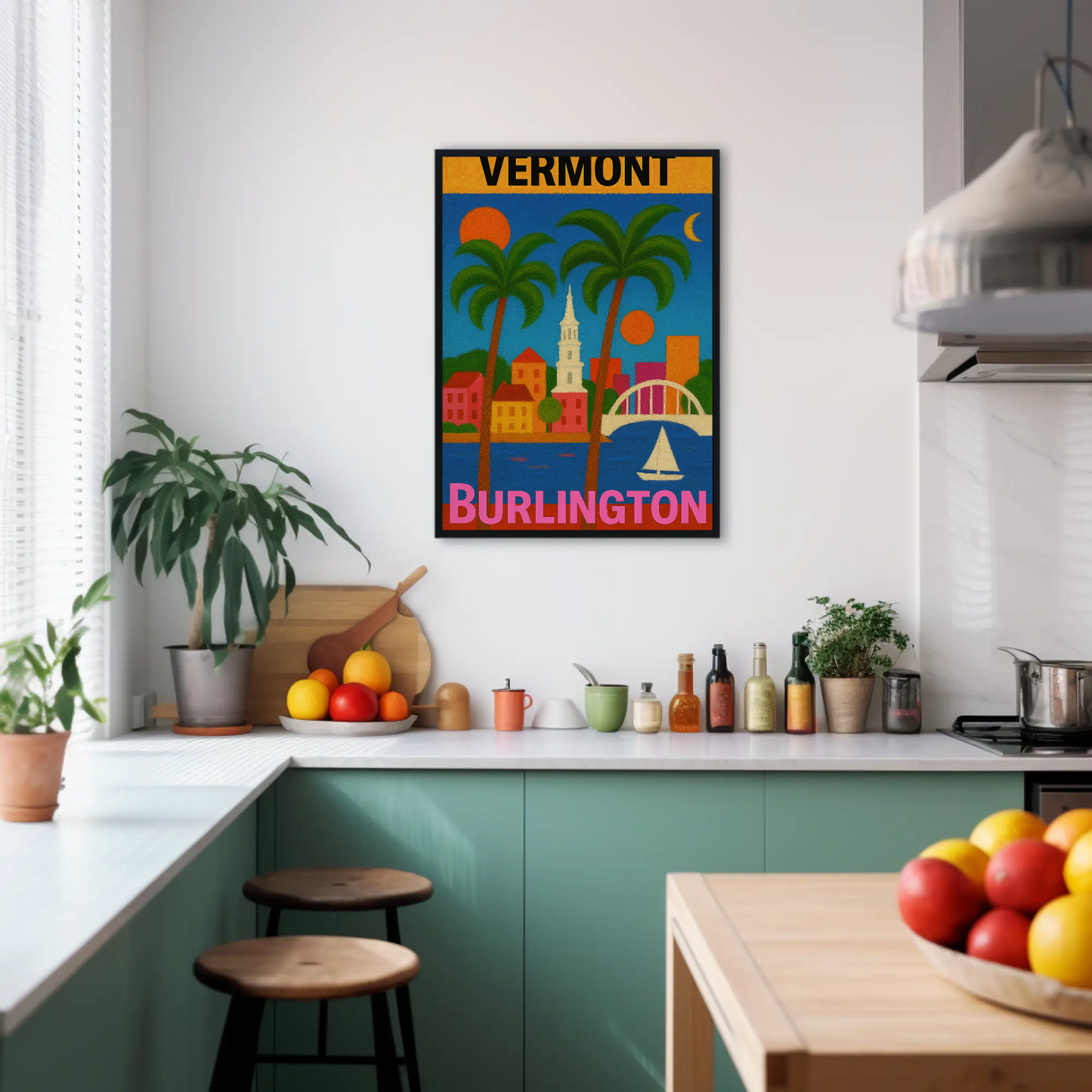 Vermont Burlington Palm Trees Church Sailboat Vintage Travel Poster