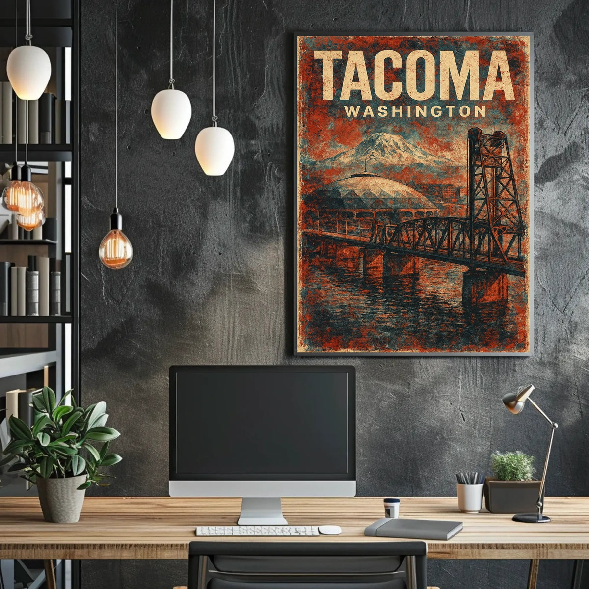 Vintage Tacoma Poster: Bridge, Dome, Mount Rainier