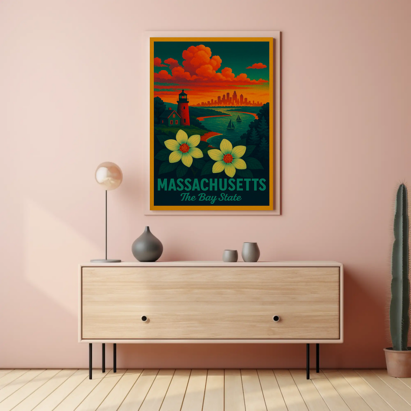 Massachusetts Bay State Sunset Lighthouse Flowers Poster