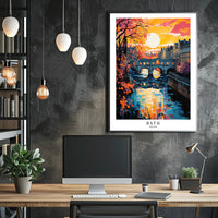 Bath River Bridge Sunset Scene Travel Poster PosterGoat