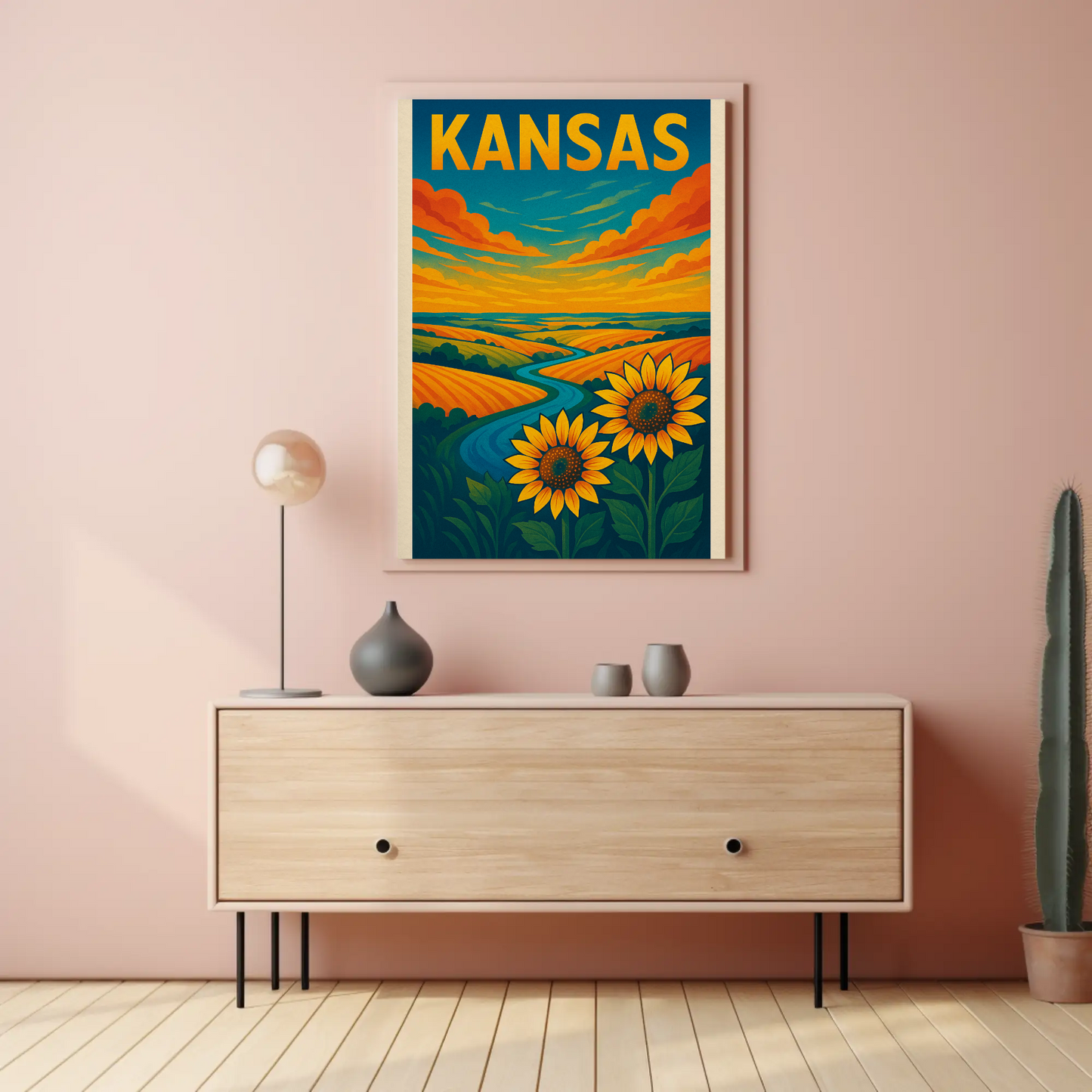 Kansas Sunflower Fields River Prairie Landscape Travel Poster