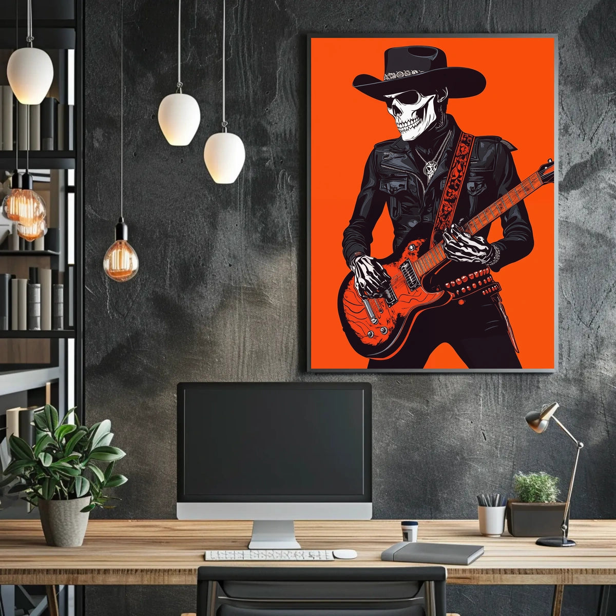Skeletal Cowboy Illustration Rock Western Vibrant Poster