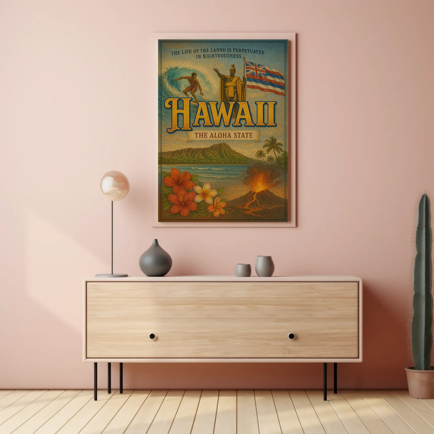 Hawaii Surf Volcano King Flag Flowers Travel Poster