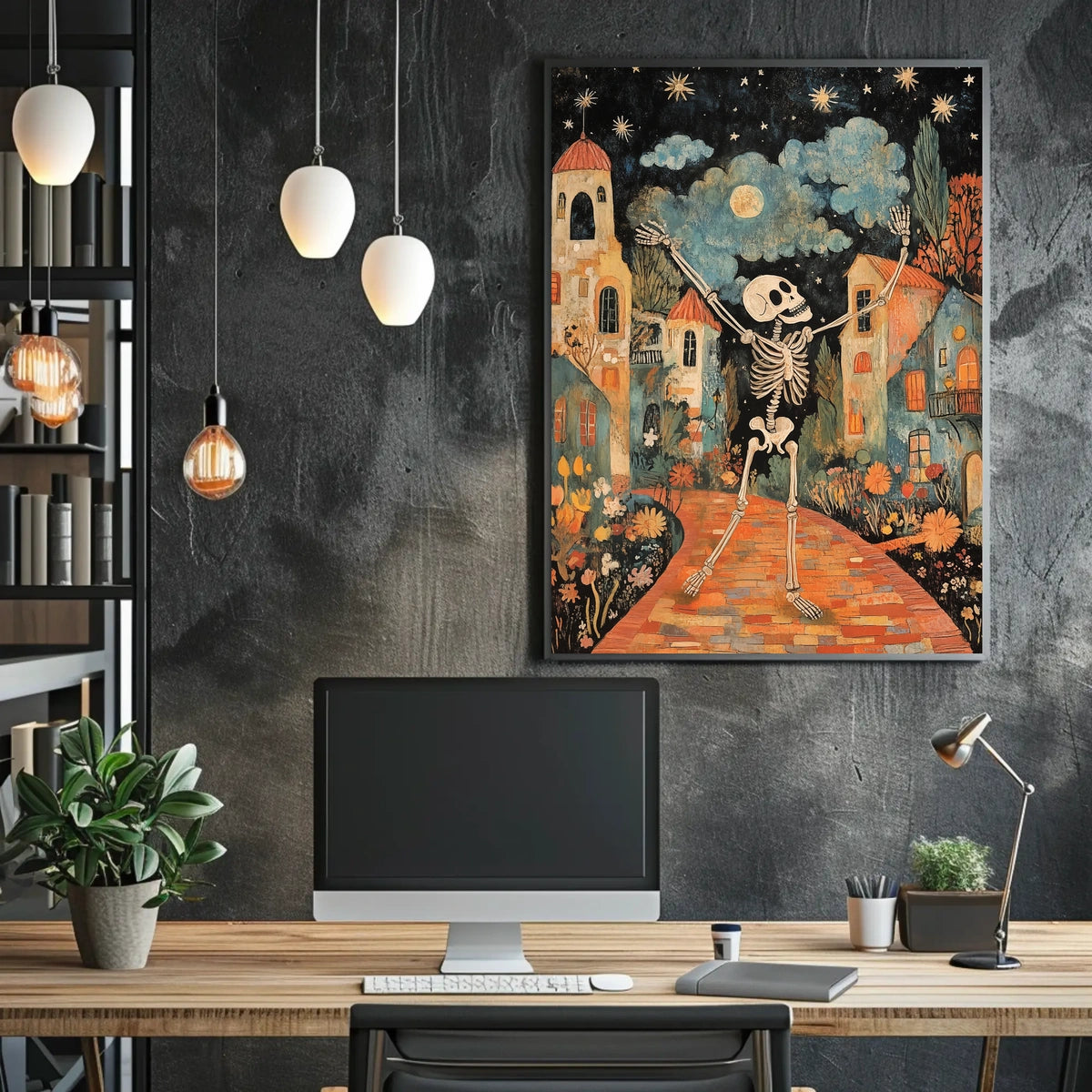 Dancing Skeleton Joyful Starry Night Whimsical Poster