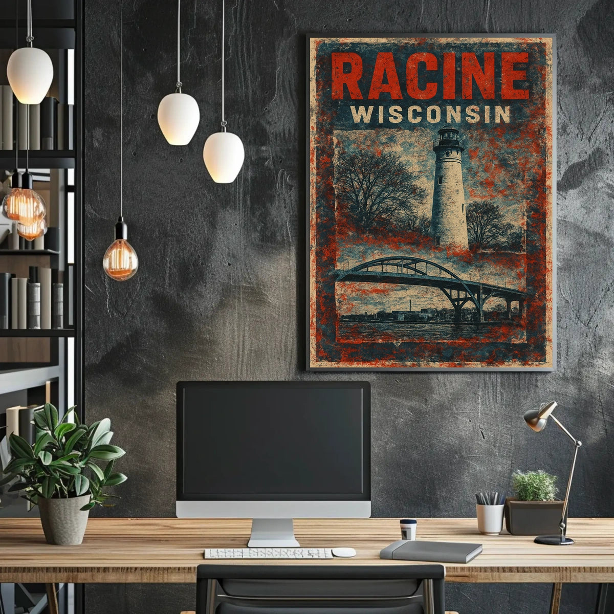 Racine Lighthouse Vintage Travel Mid Century Retro Coastal Scenic Autumn Harbor Light Poster