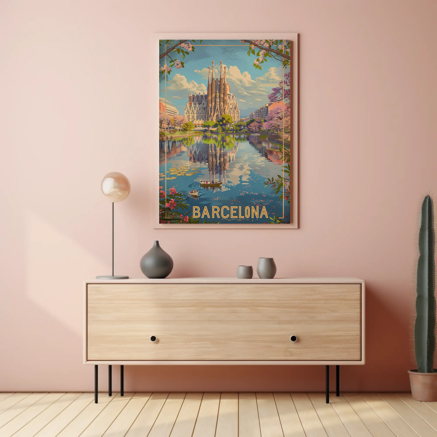 Barcelona Sagrada Familia Reflection Spring Travel Poster