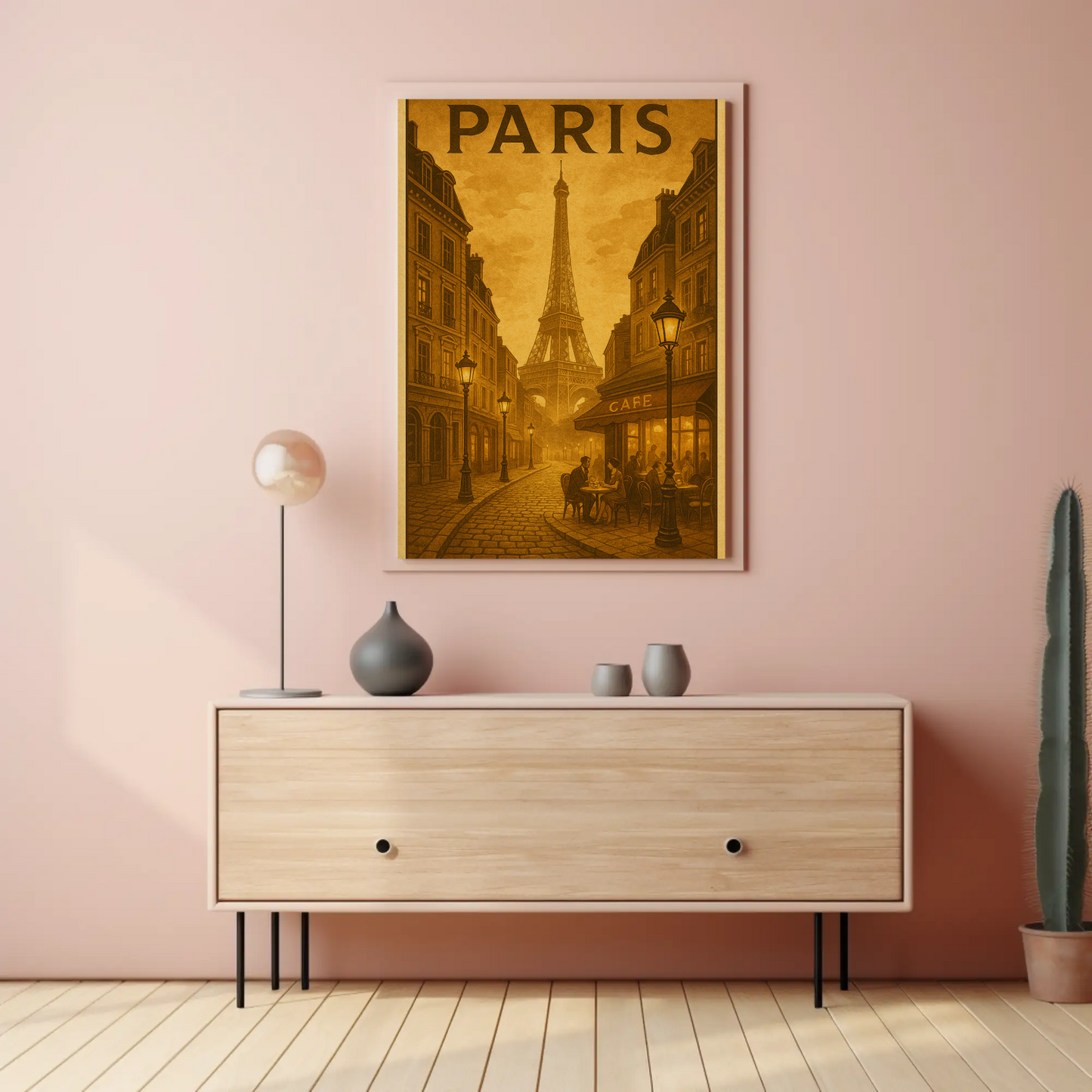 Paris Café Eiffel Sepia Travel Poster