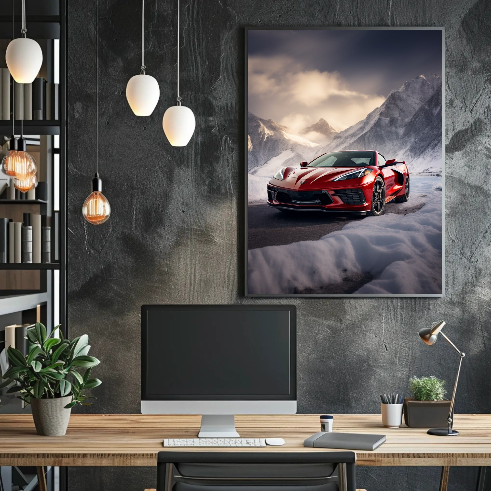 Red Sports Car in Snowy Mountains Poster PosterGoat
