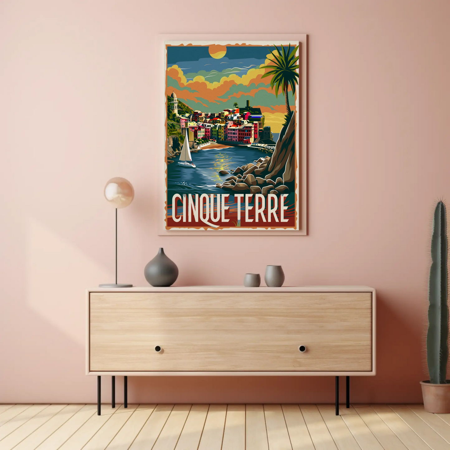 Cinque Terre Italy Sunset Seaside Travel Poster