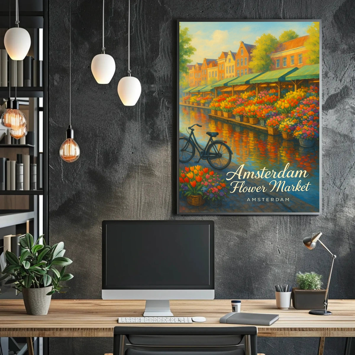 Amsterdam Flower Market Scenic Travel Heritage Cityscape Decor Vintage Artistic Souvenir Wanderlust Poster