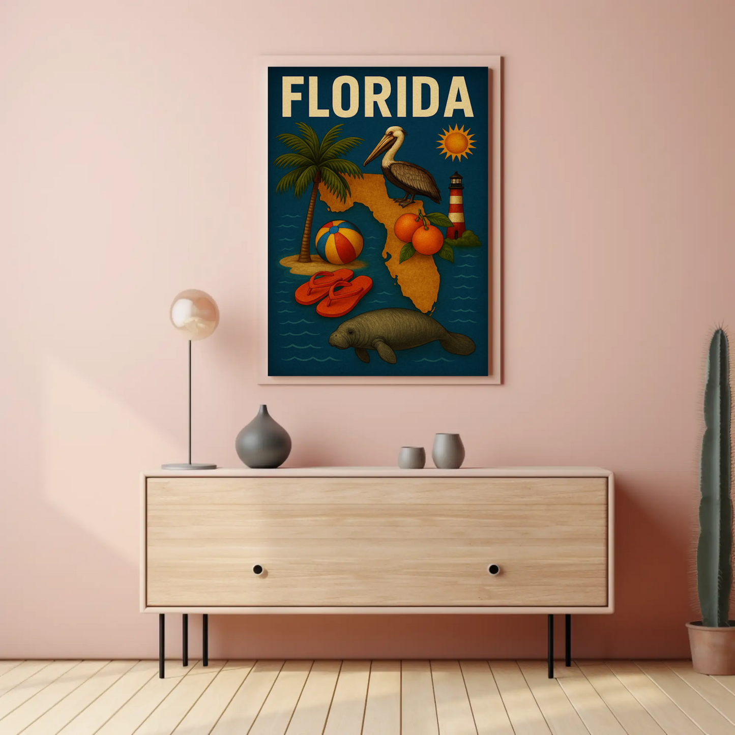 Florida State Symbols Pelican Map Lighthouse Travel Poster