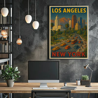 Los Angeles to New York City Poster Vintage Wall Art
