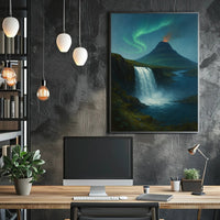 Icelandic Waterfall Under Aurora Borealis National Park Poster
