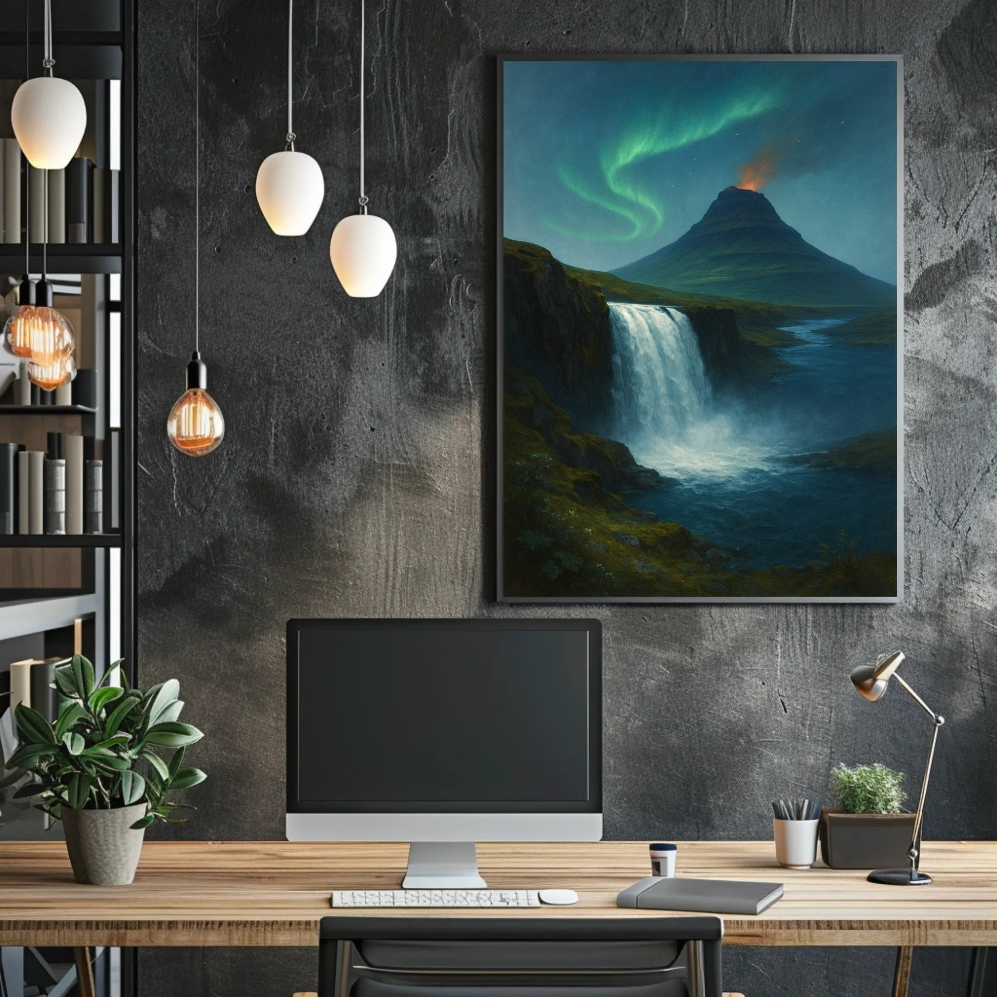 Icelandic Waterfall Under Aurora Borealis National Park Poster