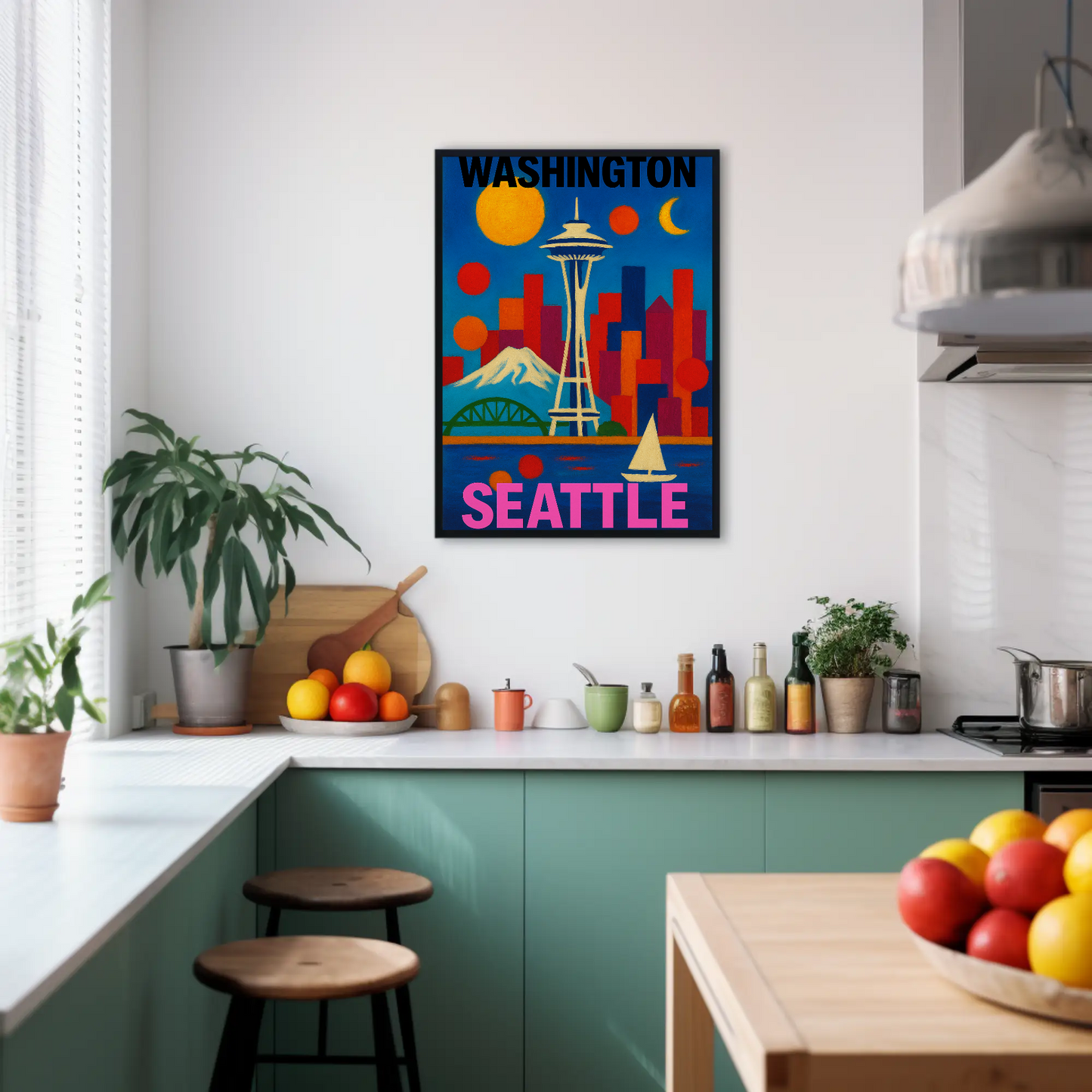 Washington Seattle Space Needle Mountains Sunset Vintage Travel Poster