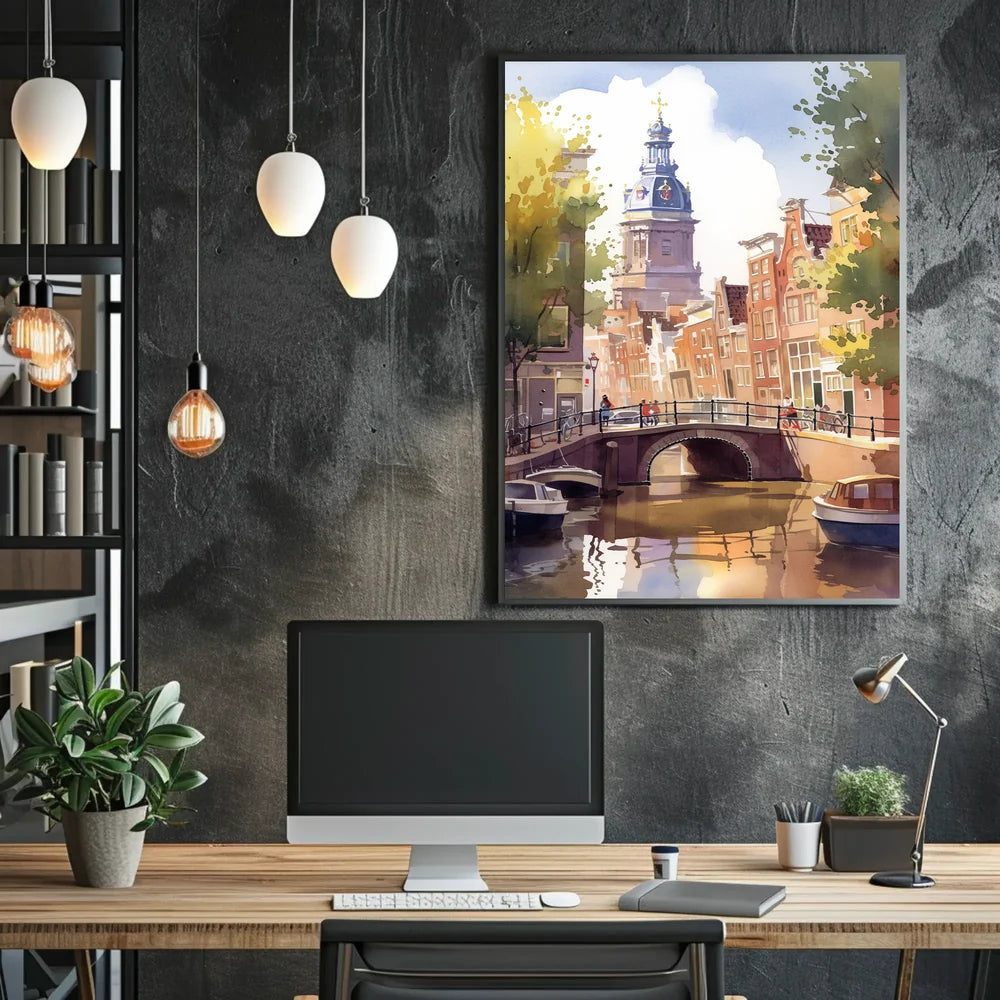 Amsterdam Canal Bridge Watercolor Poster: European Charm