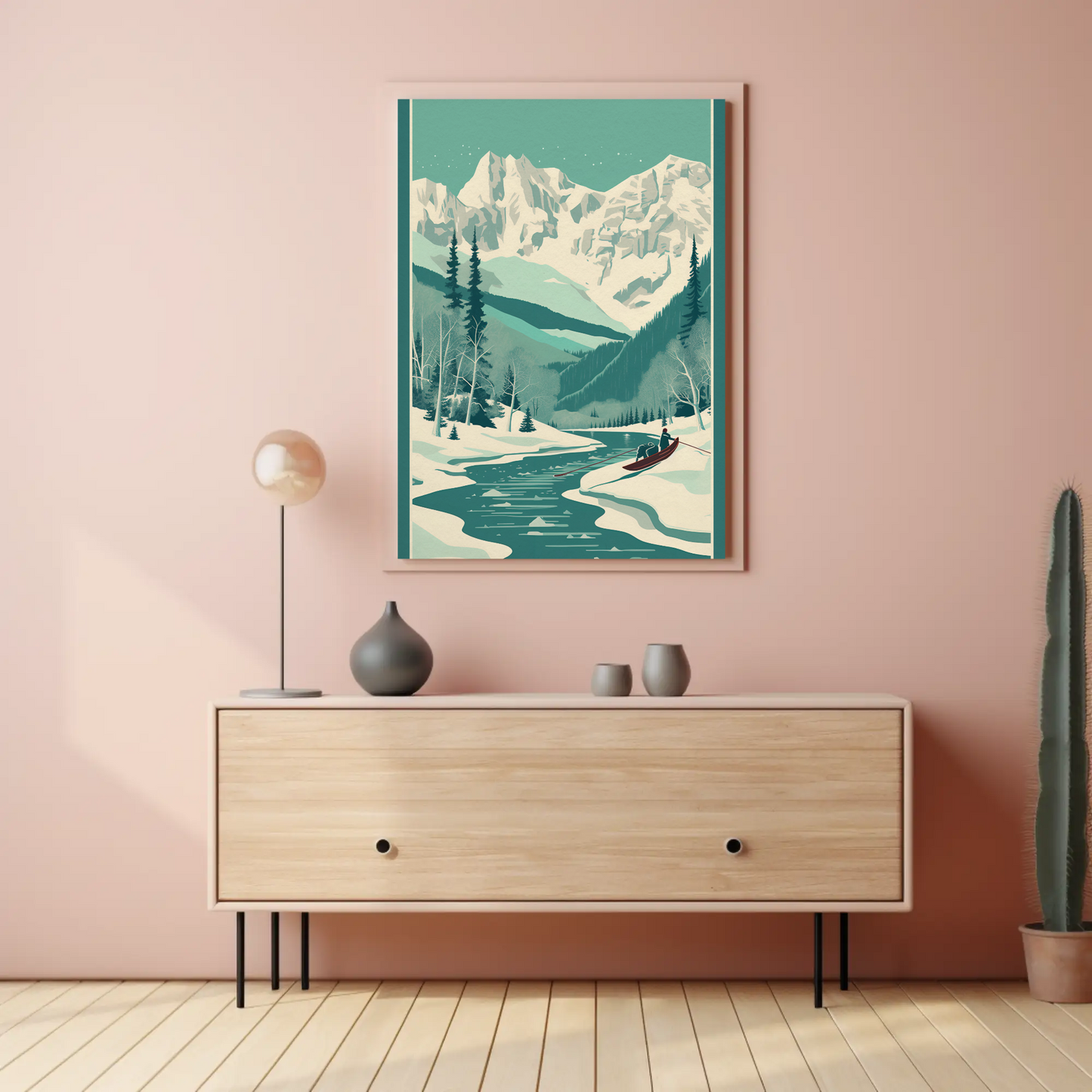 Snowy Alpine Mountain Rowboat Scene Travel Poster