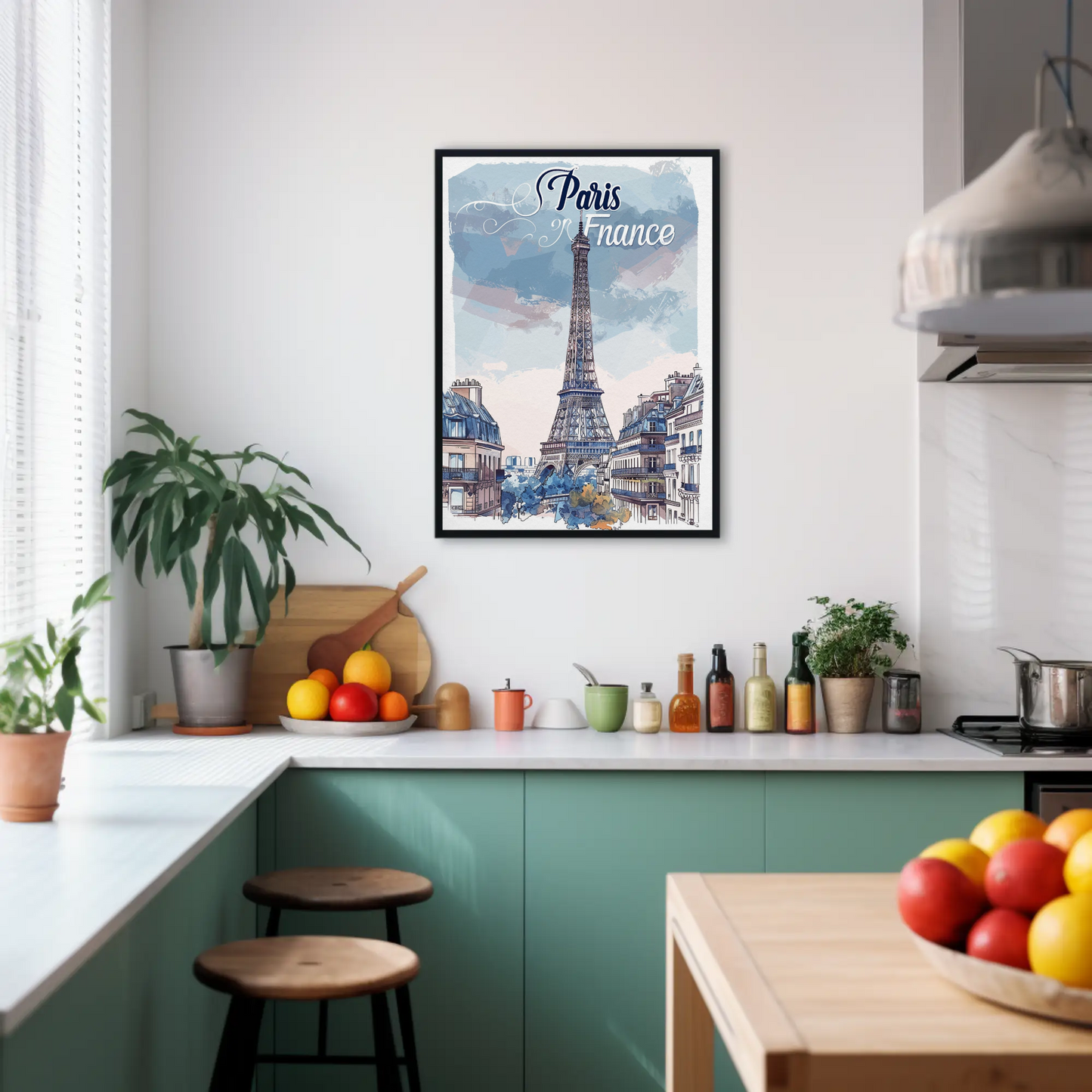 Paris France Watercolor Eiffel Tower View
