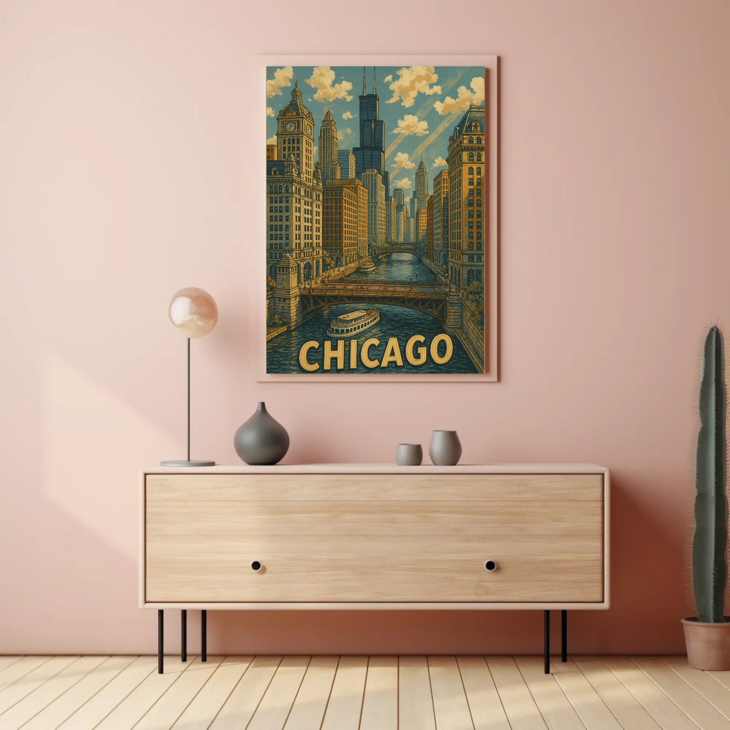 Chicago Willis Tower Bridge River Cityscape Travel Poster