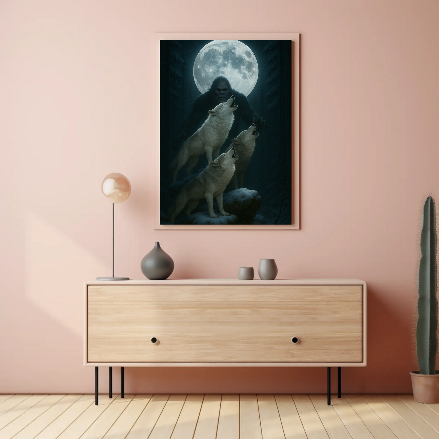 Bigfoot Howling Wolves Moonlit Forest Poster