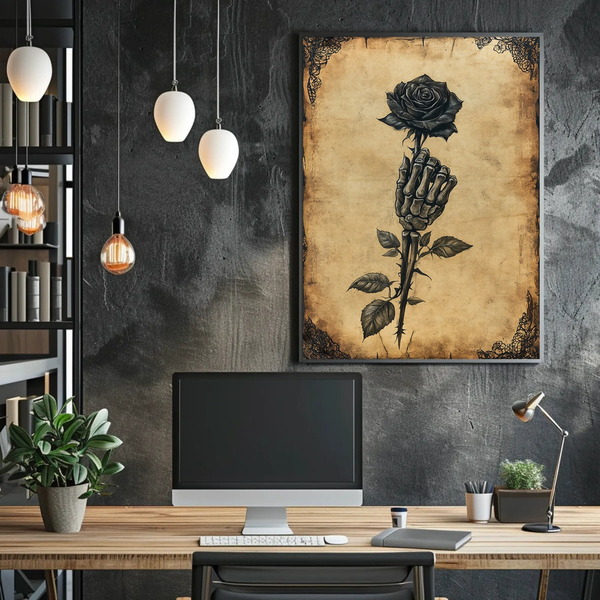 Gothic Skeletal Hand and Black Rose Artistic Poster