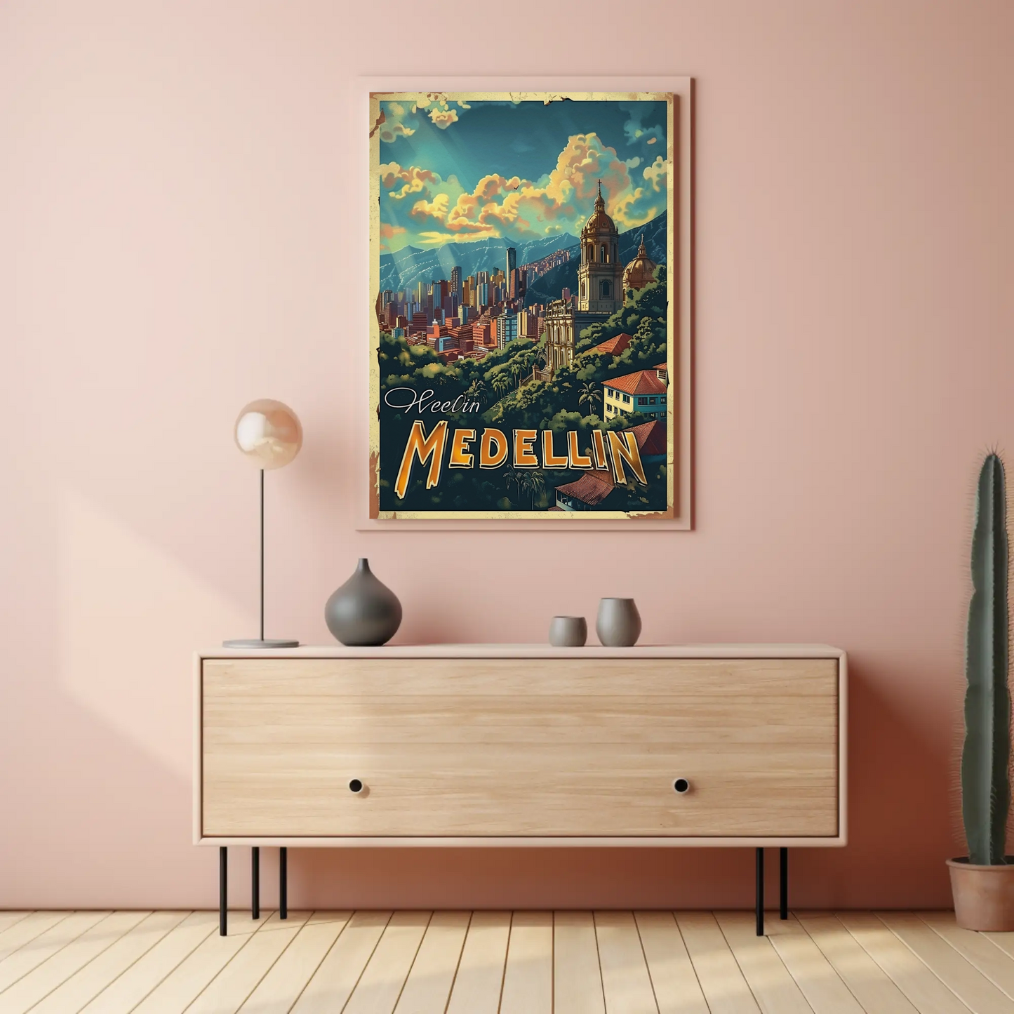 Medellin Cathedral City Skyline Colombian Landscape Travel Poster