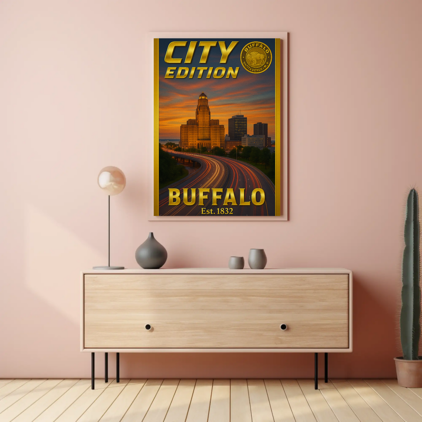 Buffalo New York Skyline Highway Sunset Poster Poster