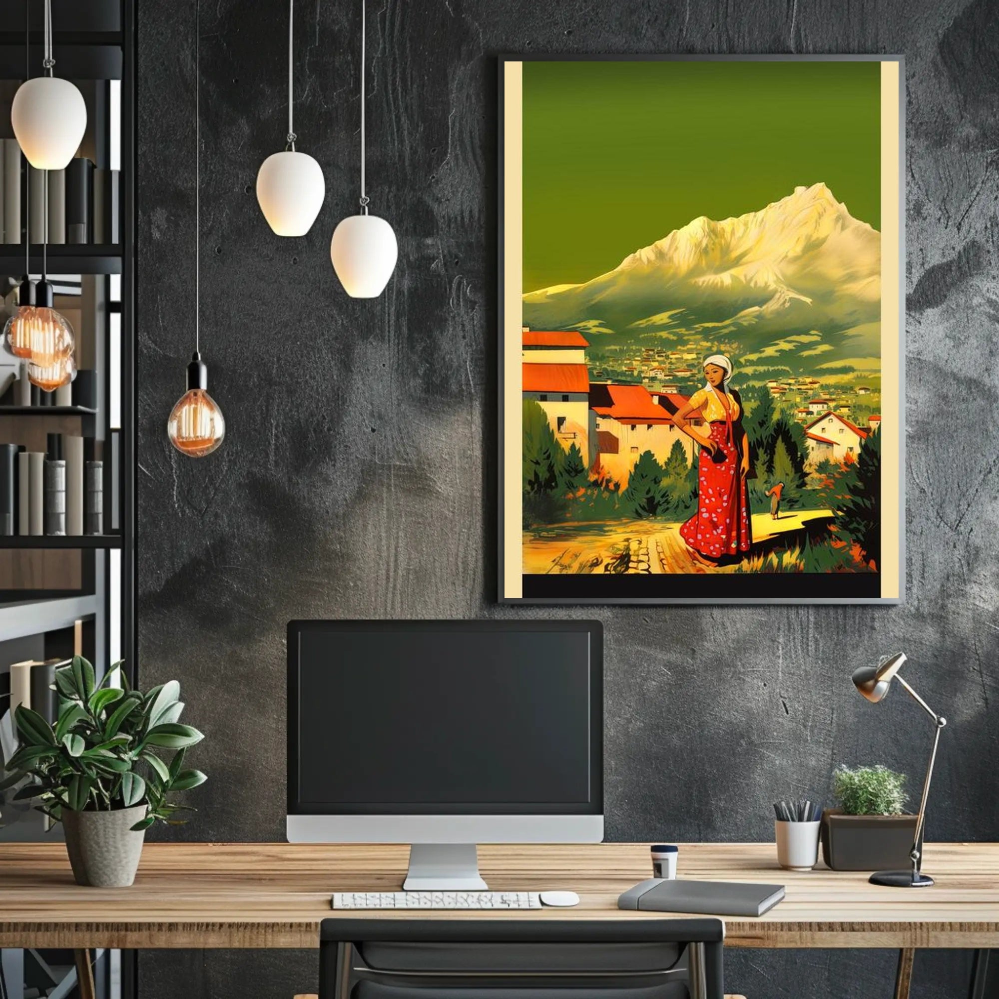 Serene Mountain Village with Traditional Attire Poster