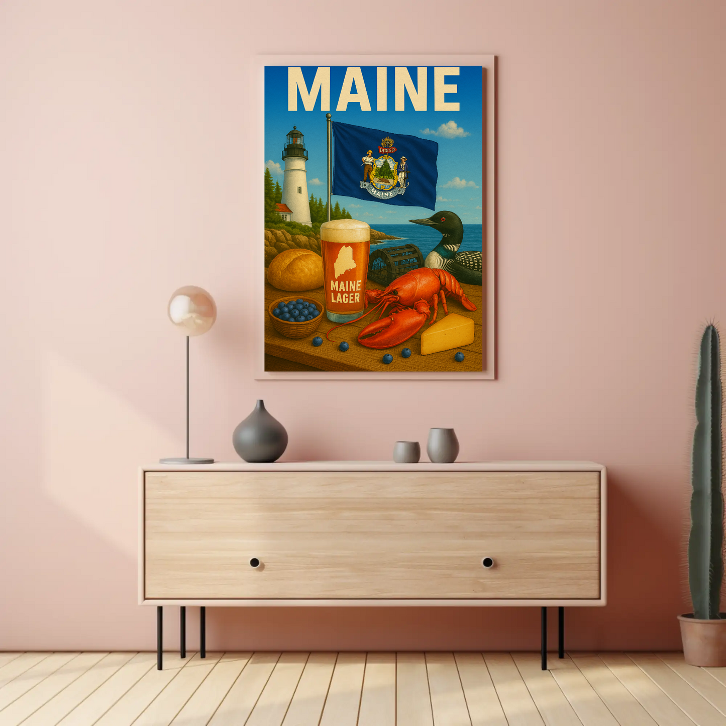 Maine Lobster Lighthouse Blueberry Beer Nature Travel Poster